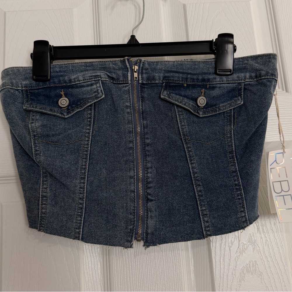 NWT PROJECT REBEL Blue Denim Corset Top Women's Size L Button Zipper 65% Cotton